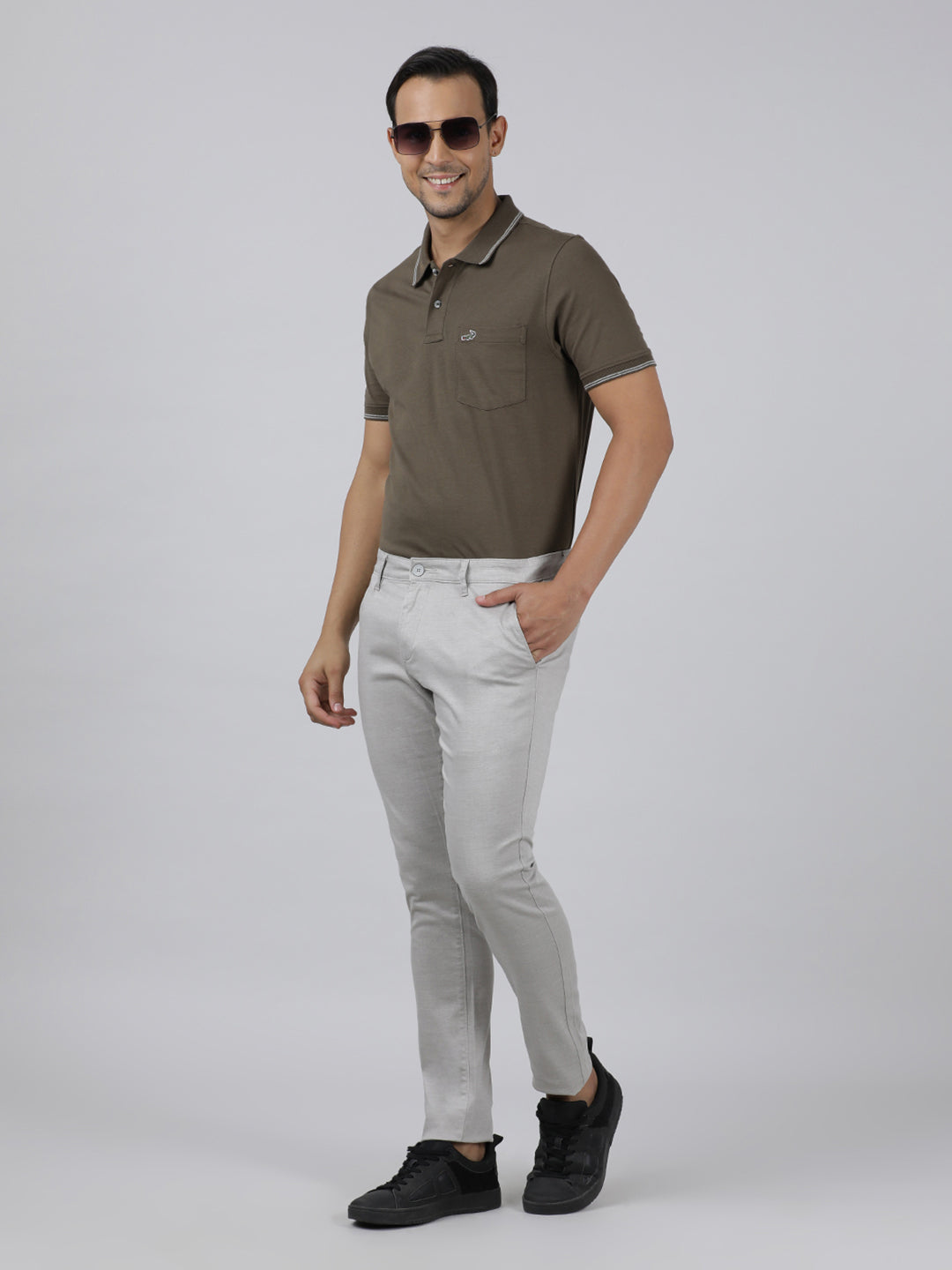 Crocodile Casual Slim Fit Printed Beige Trousers for Men