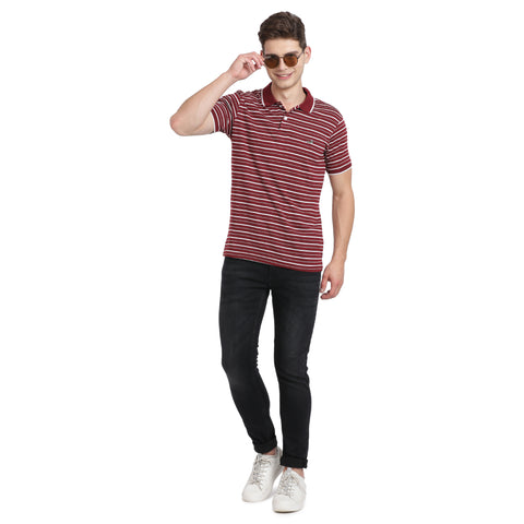 Casual Slim Fit Stripe Polo Neck Half Sleeve Maroon Tshirt