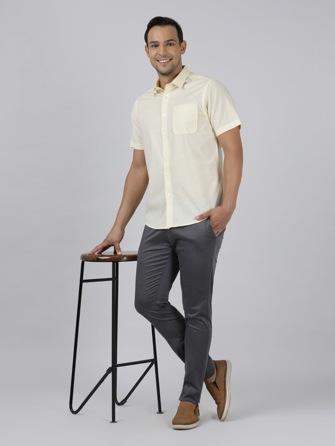 Crocodile Casual Yellow Half Sleeve Regular Fit Solid Shirt with Collar for Men