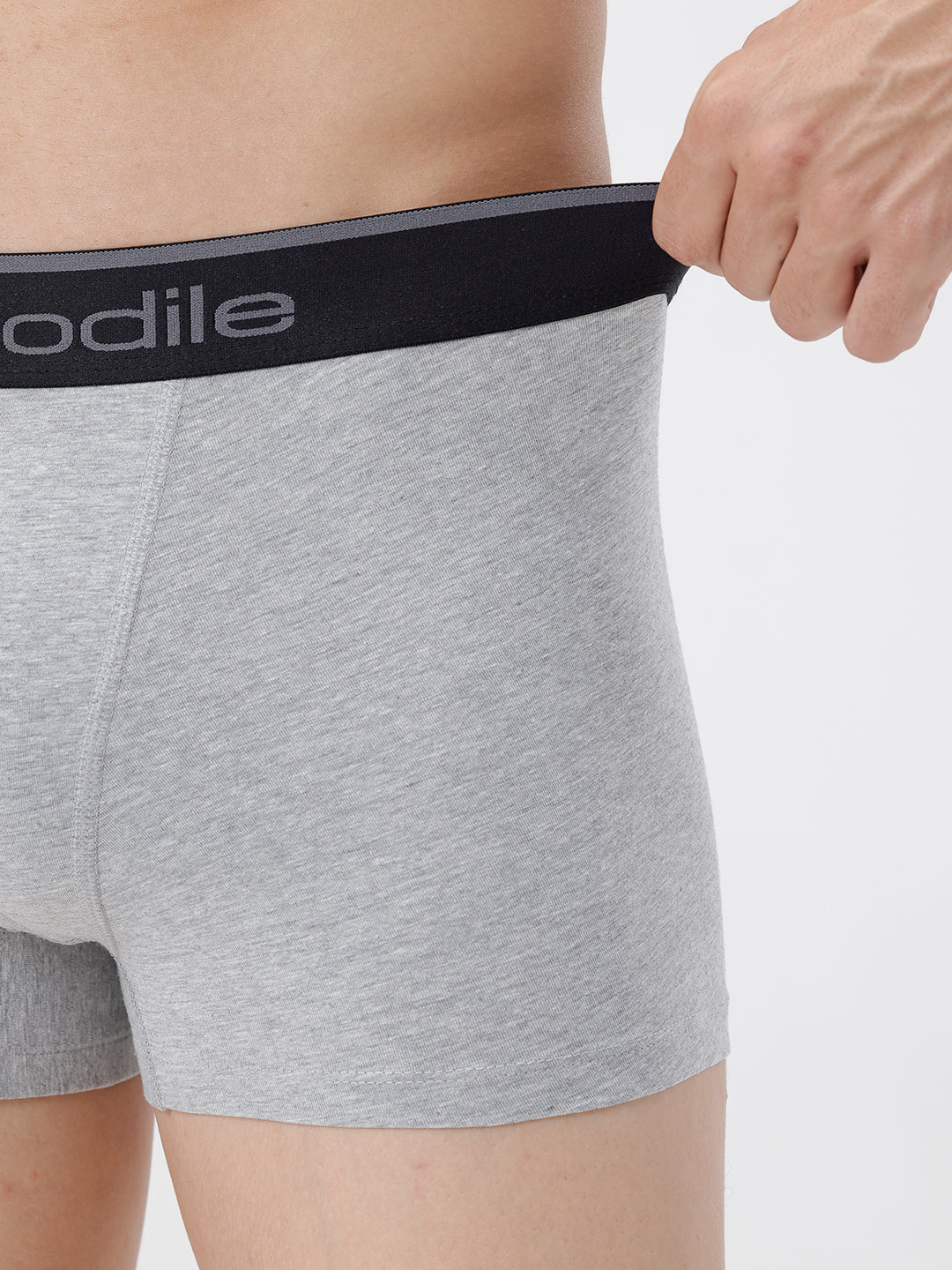 Gray boxer briefs with a black waistband featuring the brand name on a white background.
