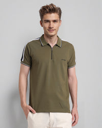Trendy Stretch Zipper Polo with Tape in Olive