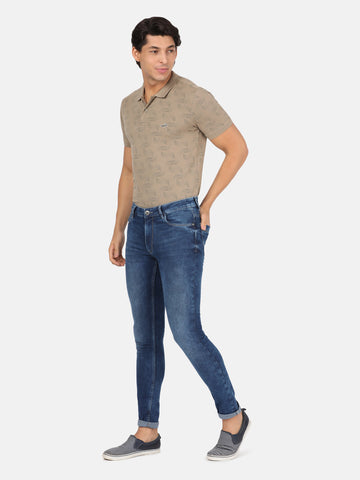 Casual Slim Fit Printed Polo Neck Half Sleeve Beige Tshirt