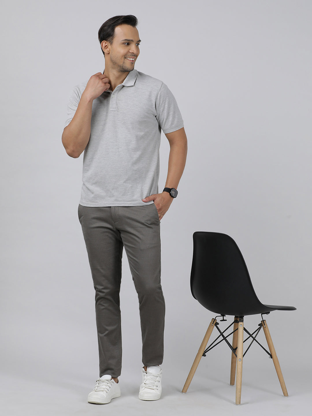 Crocodile Casual Trim Fit Printed Grey Trousers for Men