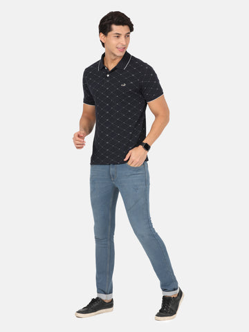 Casual Slim Fit Printed Polo Neck Half Sleeve Navy Tshirt