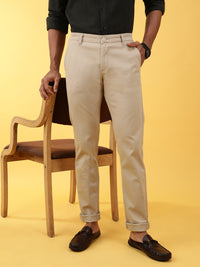 Casual Beige Solid Casual Trouser
