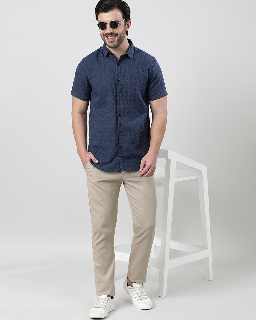 Navy Half Sleeve Comfort Fit Printed Dots Shirt