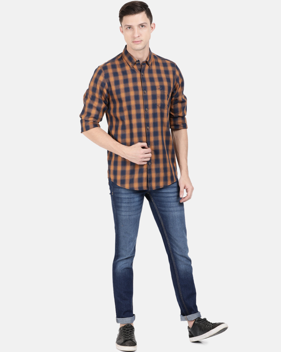 Crocodile Casual Full Sleeve Slim Fit Checks Brown Navy with Collar Shirt for Men