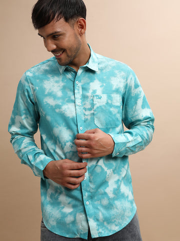 Tie Dyed Look Premium Aqua Printed Shirt