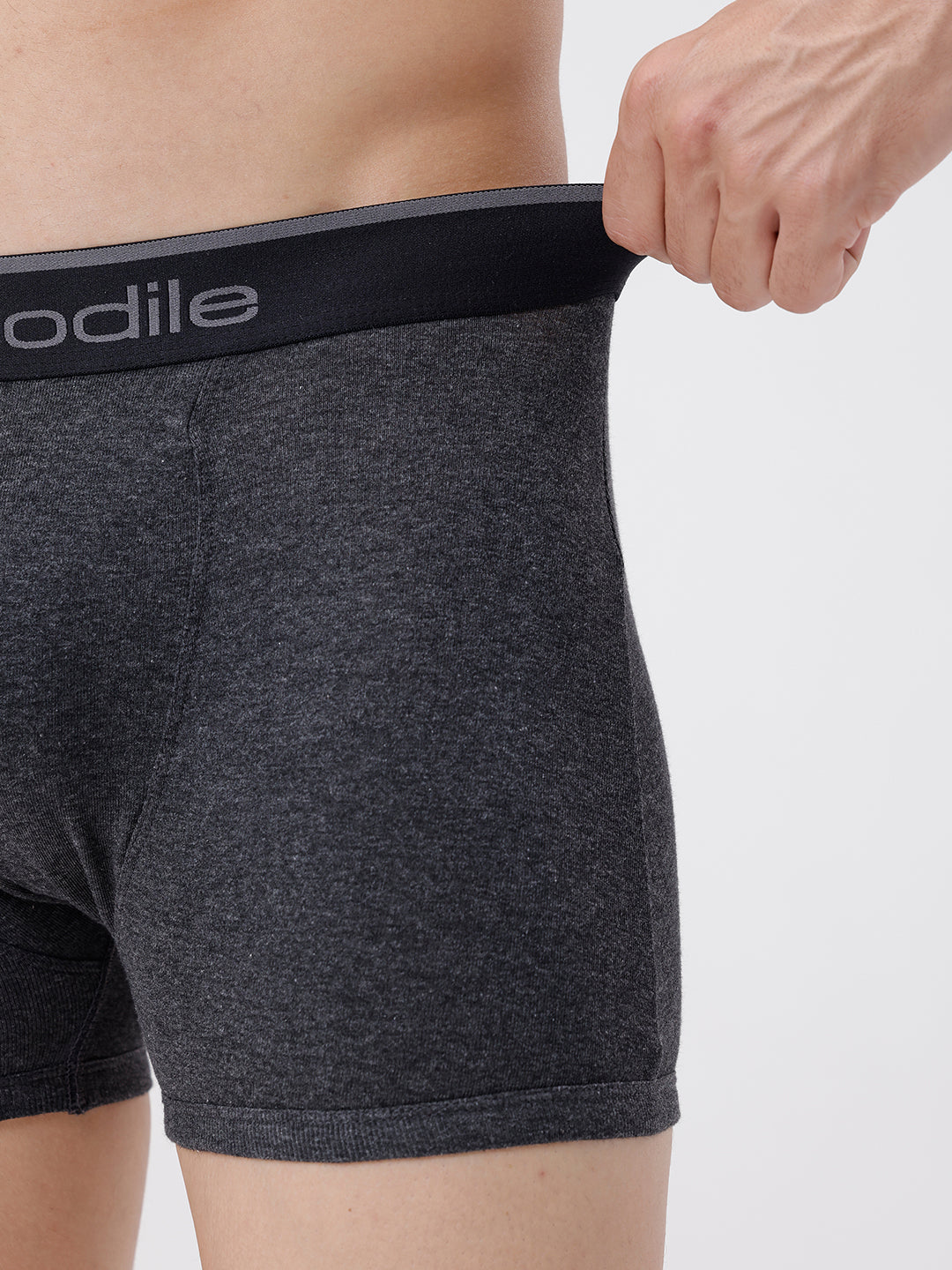 Person wearing dark gray boxer briefs with a visible brand logo on a white background