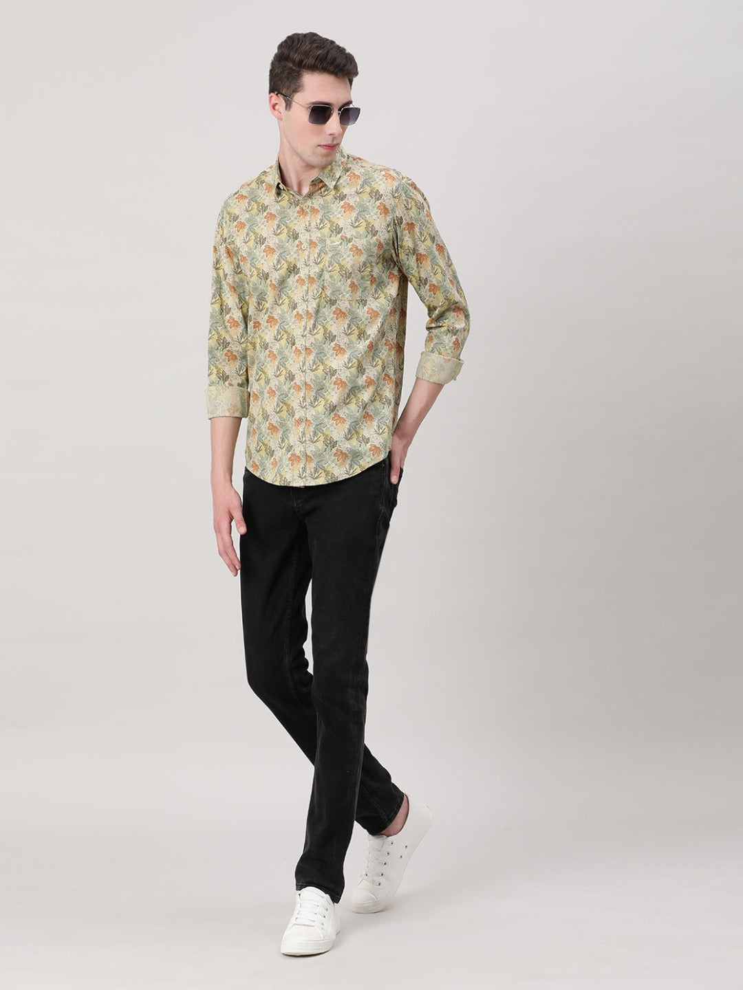 Crocodile Men's Casual Full Sleeve Comfort Fit Printed Shirt Yellow with Collar