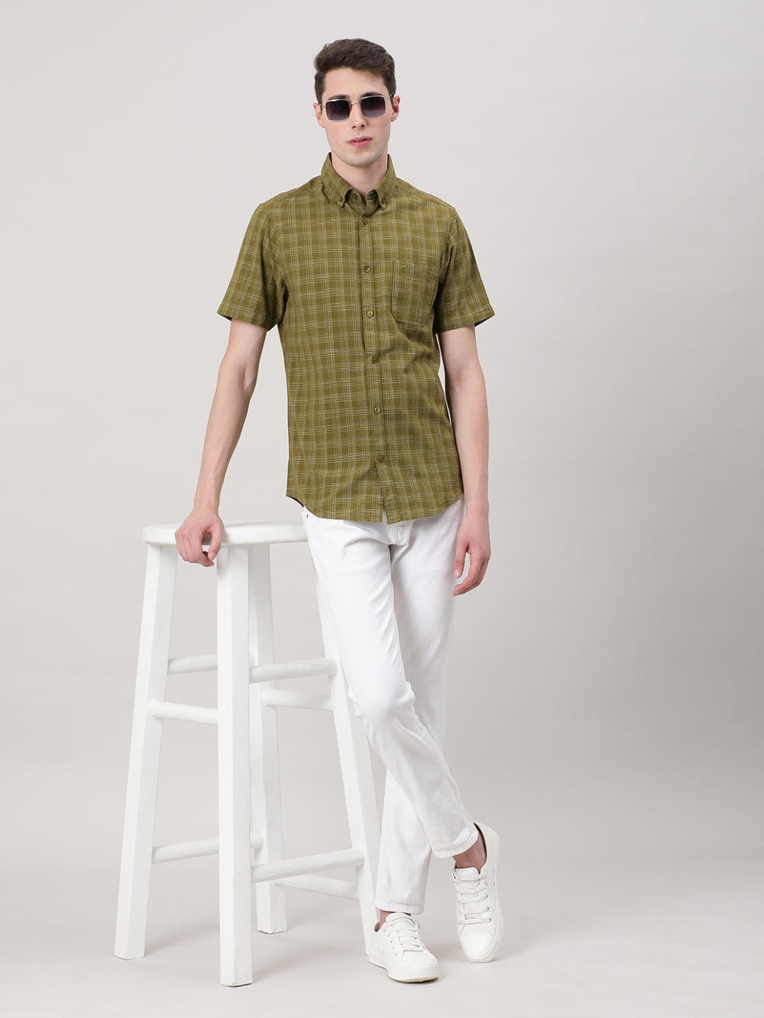 Crocodile Casual Half Sleeve Comfort Fit Checks Shirt Olive with Collar
