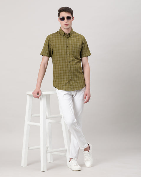 Casual Half Sleeve Comfort Fit Checks Shirt Olive with Collar