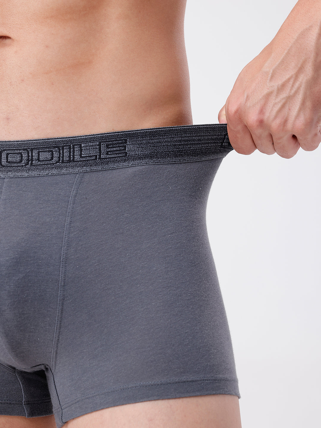 Gray boxer briefs with a brand logo on the waistband, held by a hand against a neutral background.