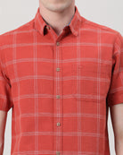 Casual Red Half Sleeve Comfort Fit Checks Shirt with Collar for Men