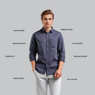 Man wearing a dark blue shirt with text labels on a gray background