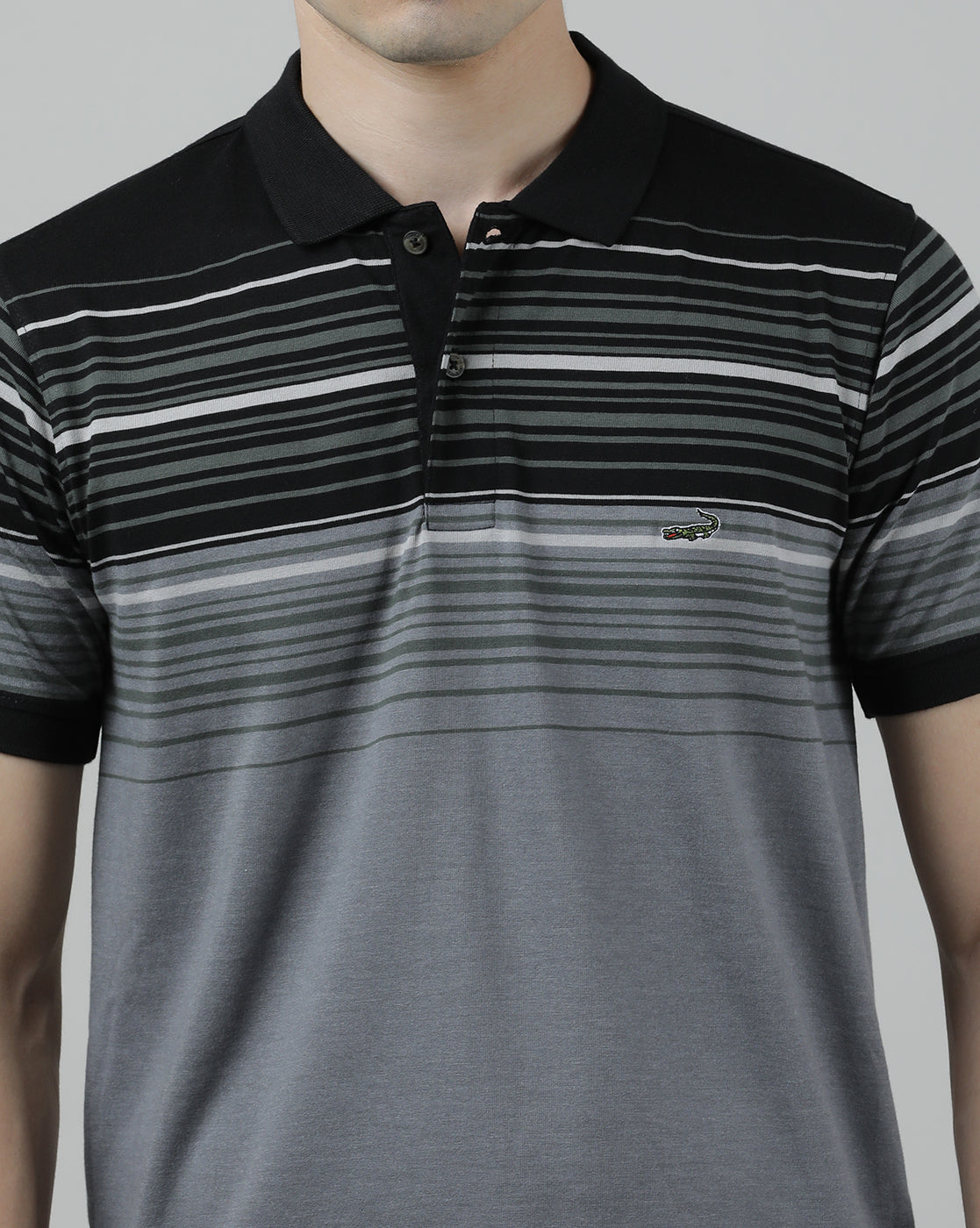 Casual Black T-Shirt Half Sleeve Slim Fit Jersey Engineering Stripe with Collar for Men