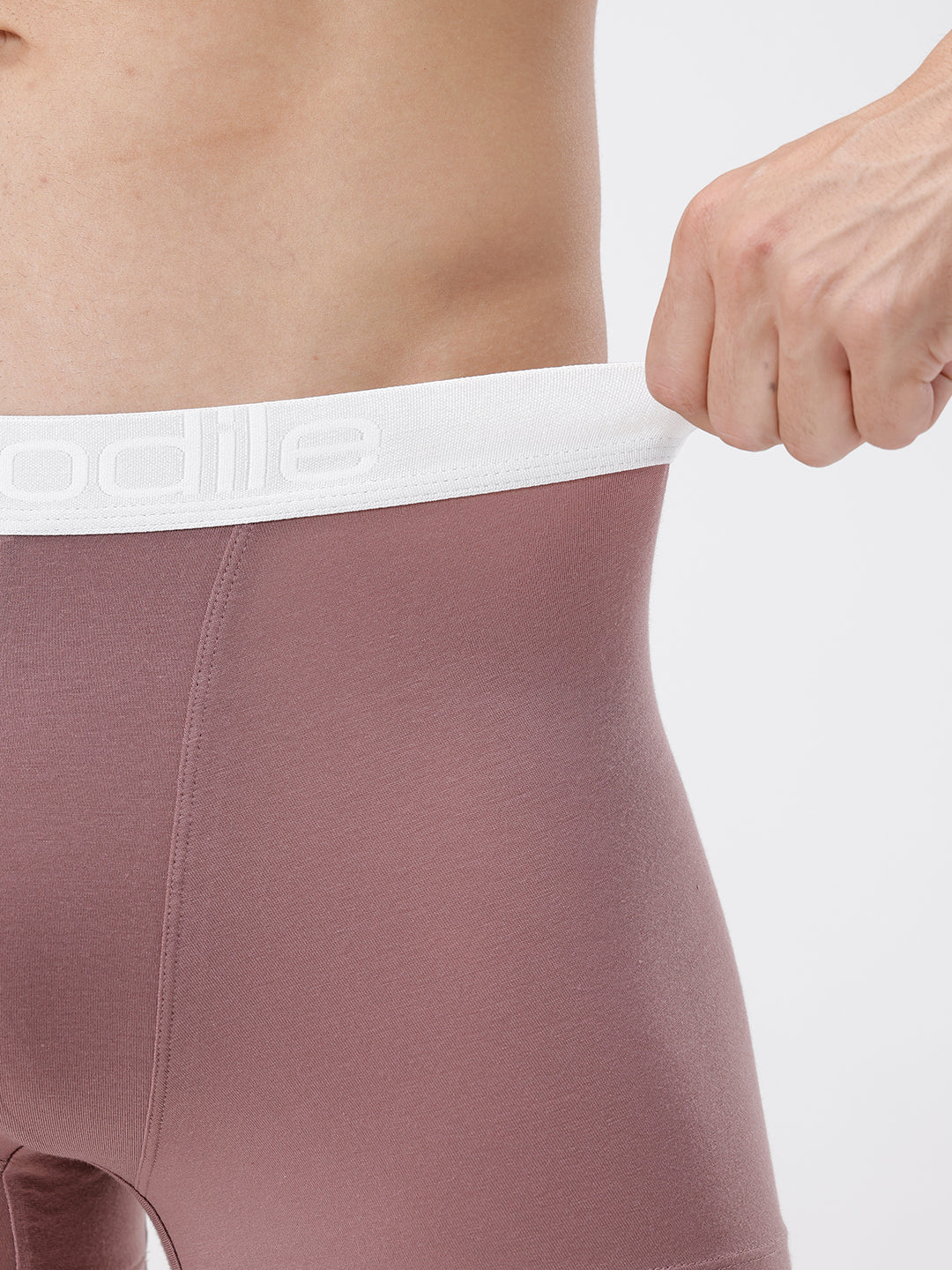 Close-up of a person wearing mauve underwear with a white waistband on a light gray background
