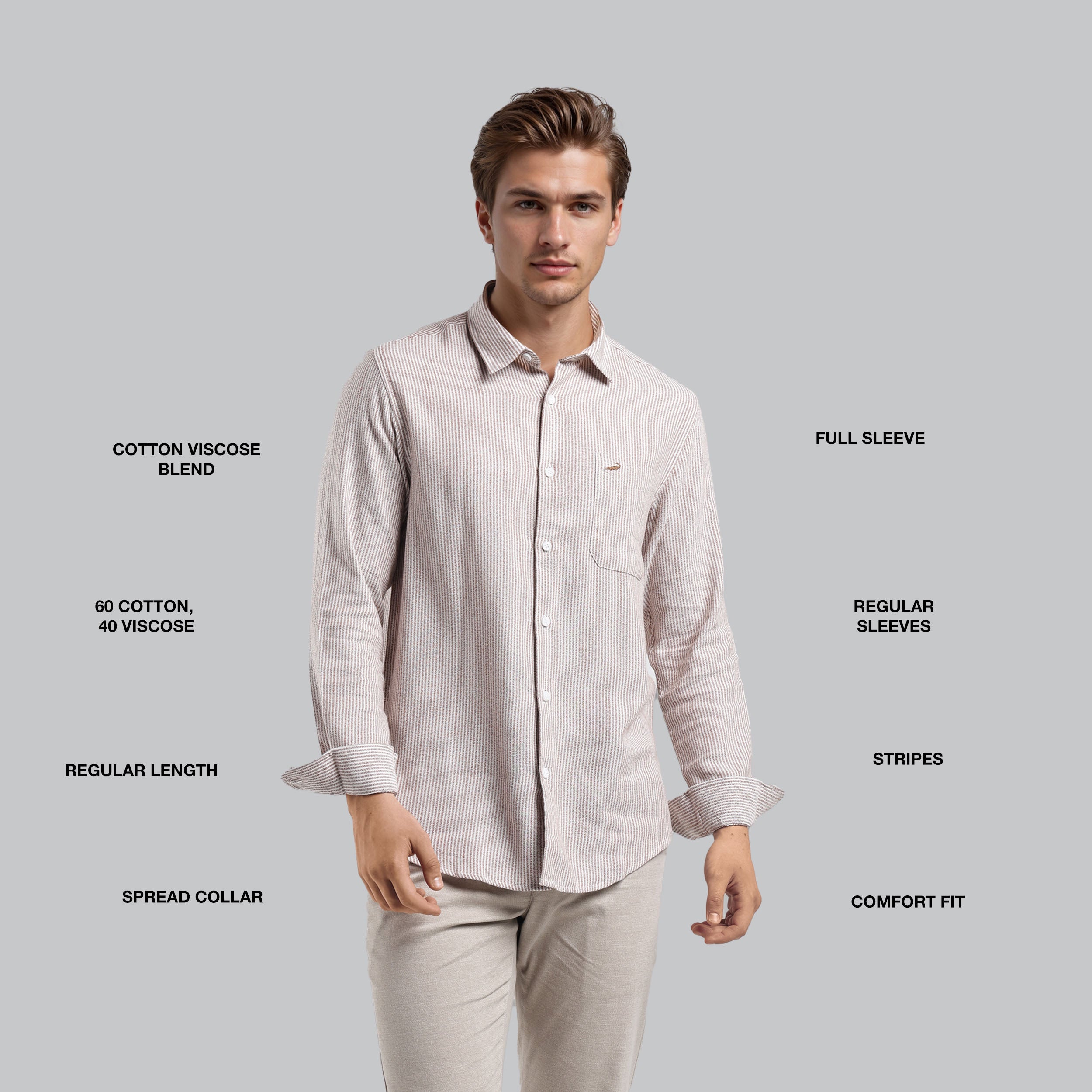 Man wearing a light-colored shirt with text describing its features on a gray background