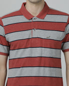 Casual Stripes Slim Fit Red Half Sleeve Polo T-shirt with Collar