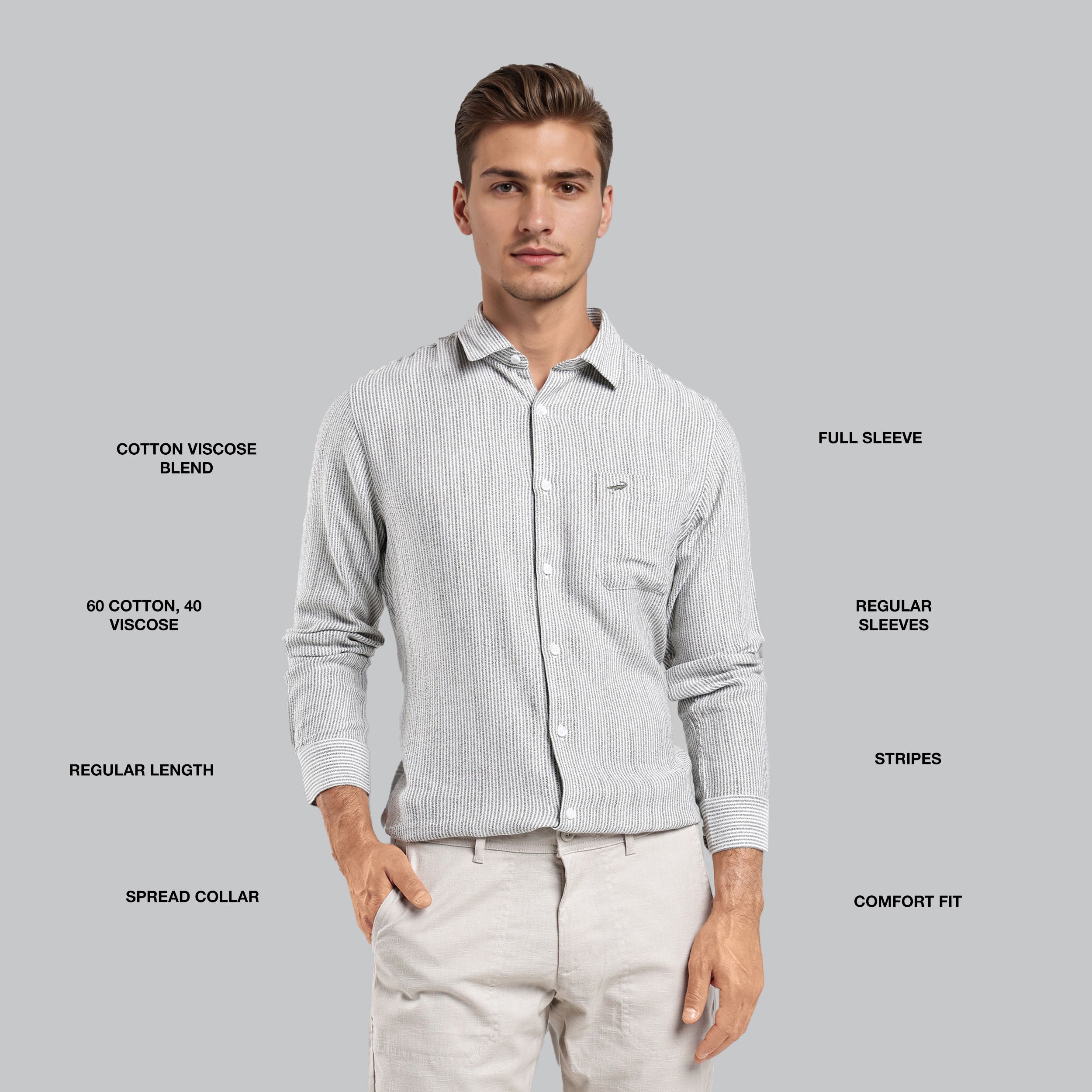Man wearing a light gray striped shirt with text detailing fabric blend, sleeve length, and other features on a gray background.