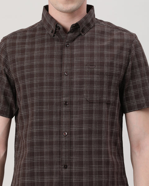 Casual Half Sleeve Comfort Fit Checks Shirt Brown with Collar