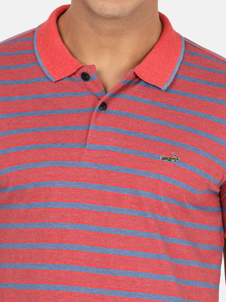 Men Pink & Blue Striped Polo Collar Pockets Slim Fit T-Shirt