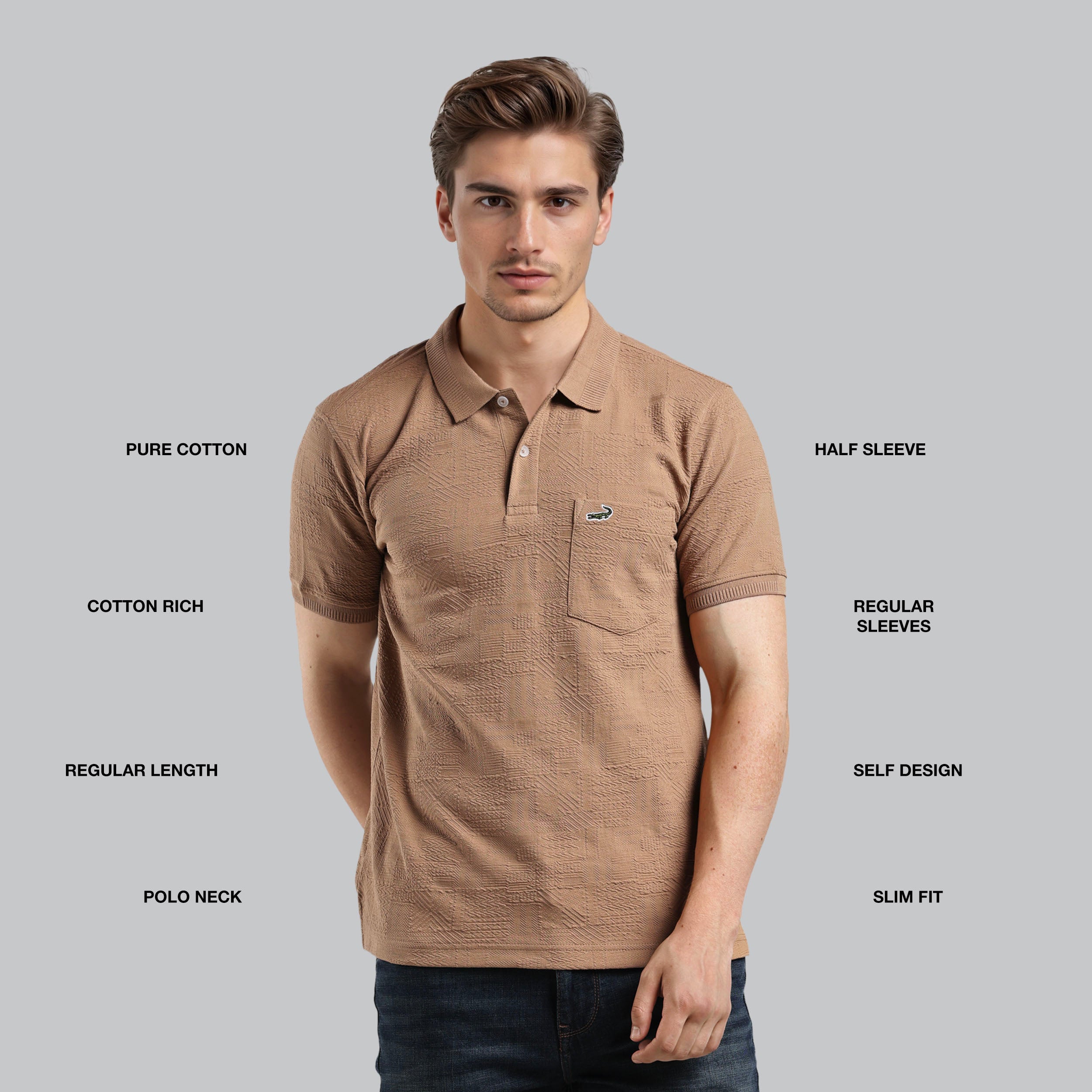 Man wearing a brown polo shirt with text describing features on a gray background