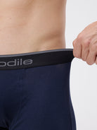 Navy underwear with a visible brand logo on a plain background