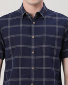 Casual Navy Half Sleeve Comfort Fit Checks Shirt with Collar for Men