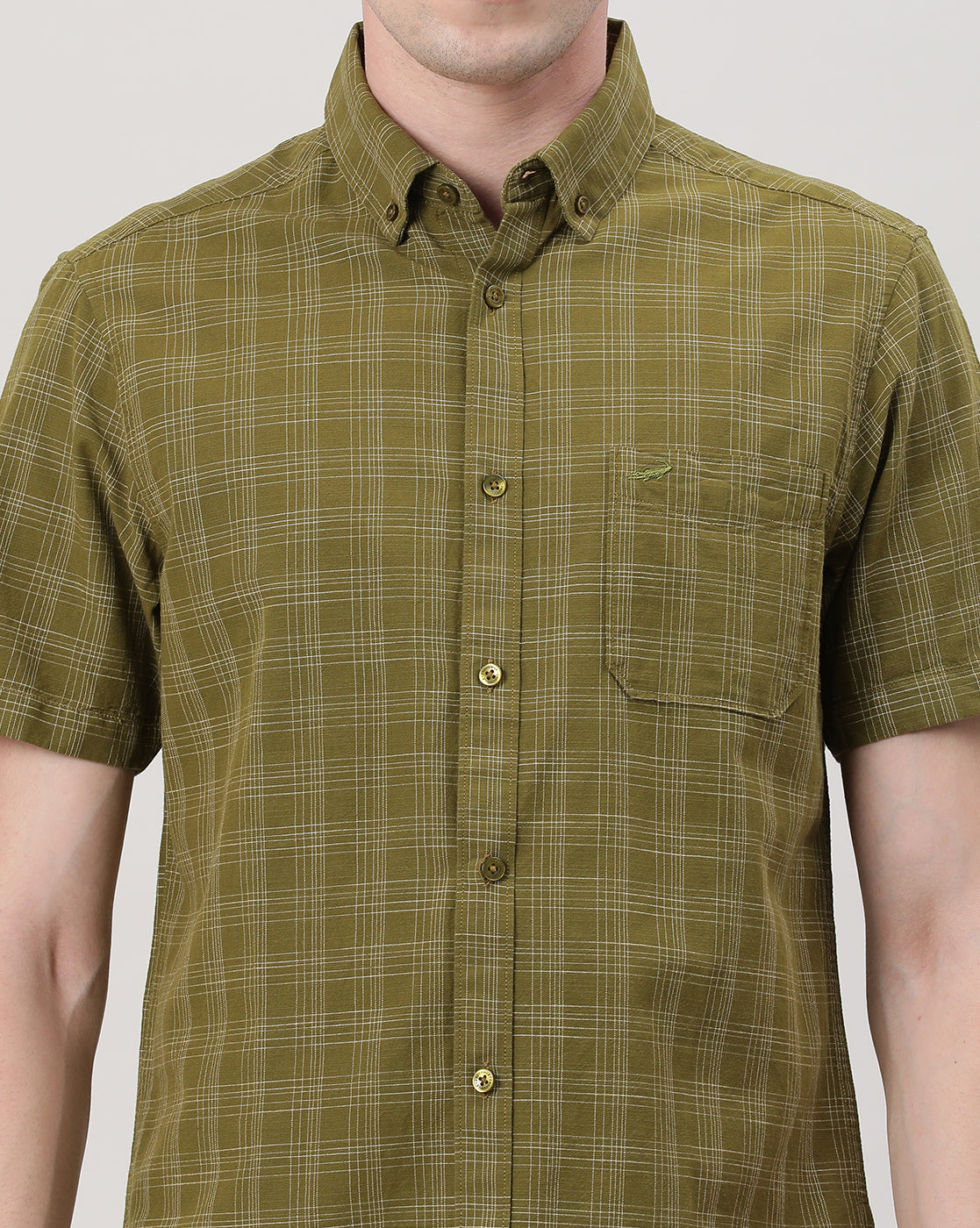 Casual Half Sleeve Comfort Fit Checks Shirt Olive with Collar