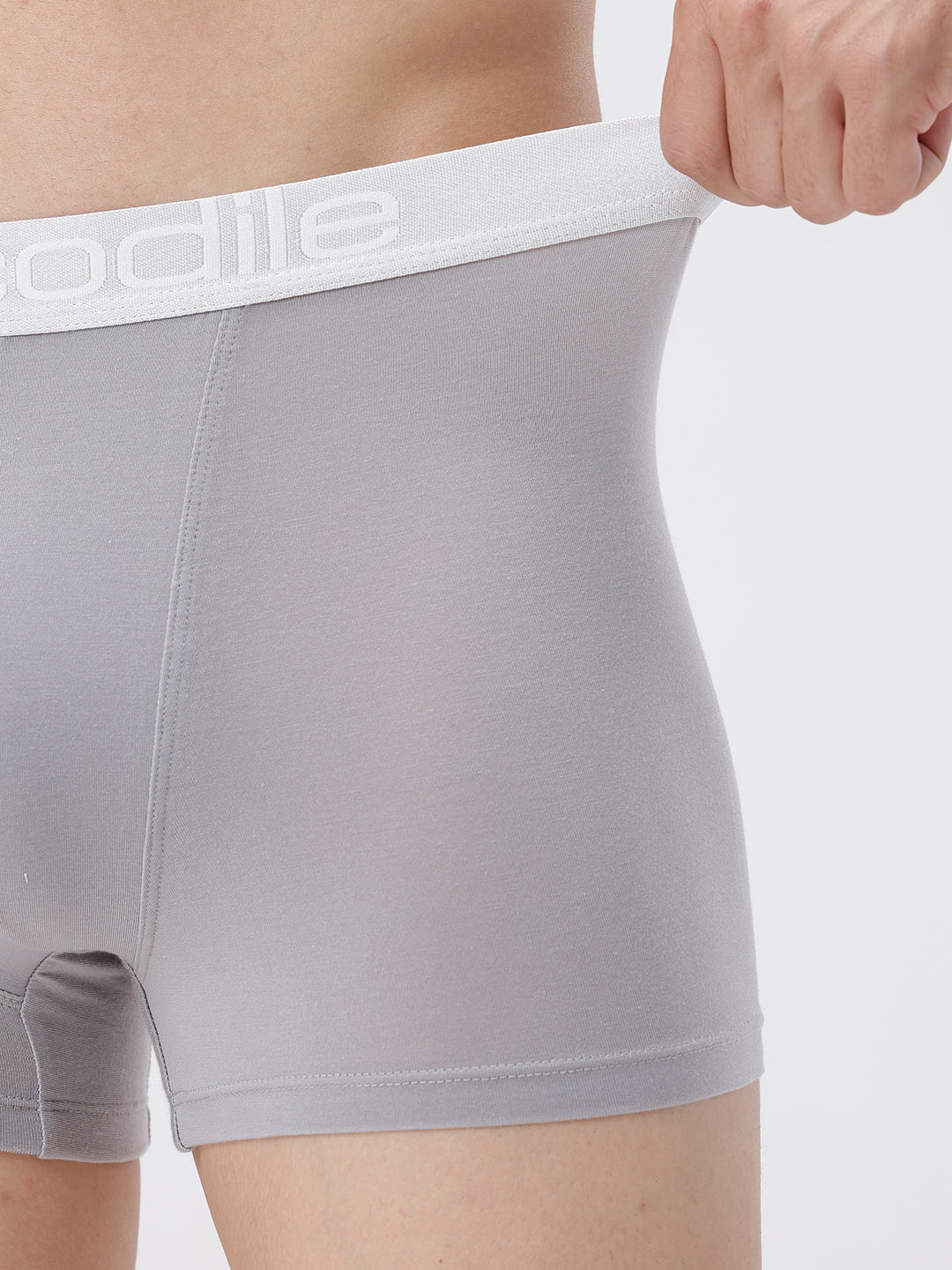 Gray boxer briefs with white waistband featuring the brand name on a plain background