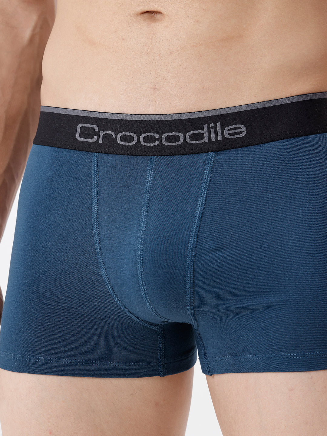 Blue boxer briefs with a black waistband featuring 'Crocodile' branding.
