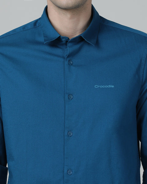 Casual Solid Slim Fit Full Sleeve Racer Blue Shirt with Collar