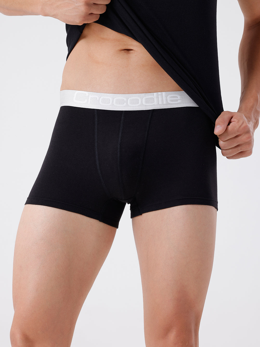 Black boxer briefs with white waistband featuring a brand logo on a plain background