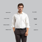 Man wearing a white shirt with text labels on a gray background