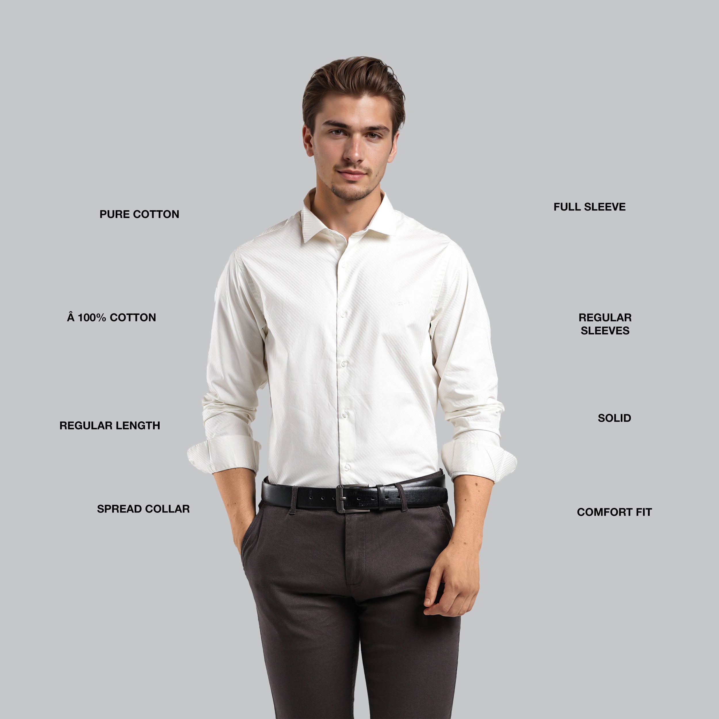 Man wearing a white shirt with text labels on a gray background