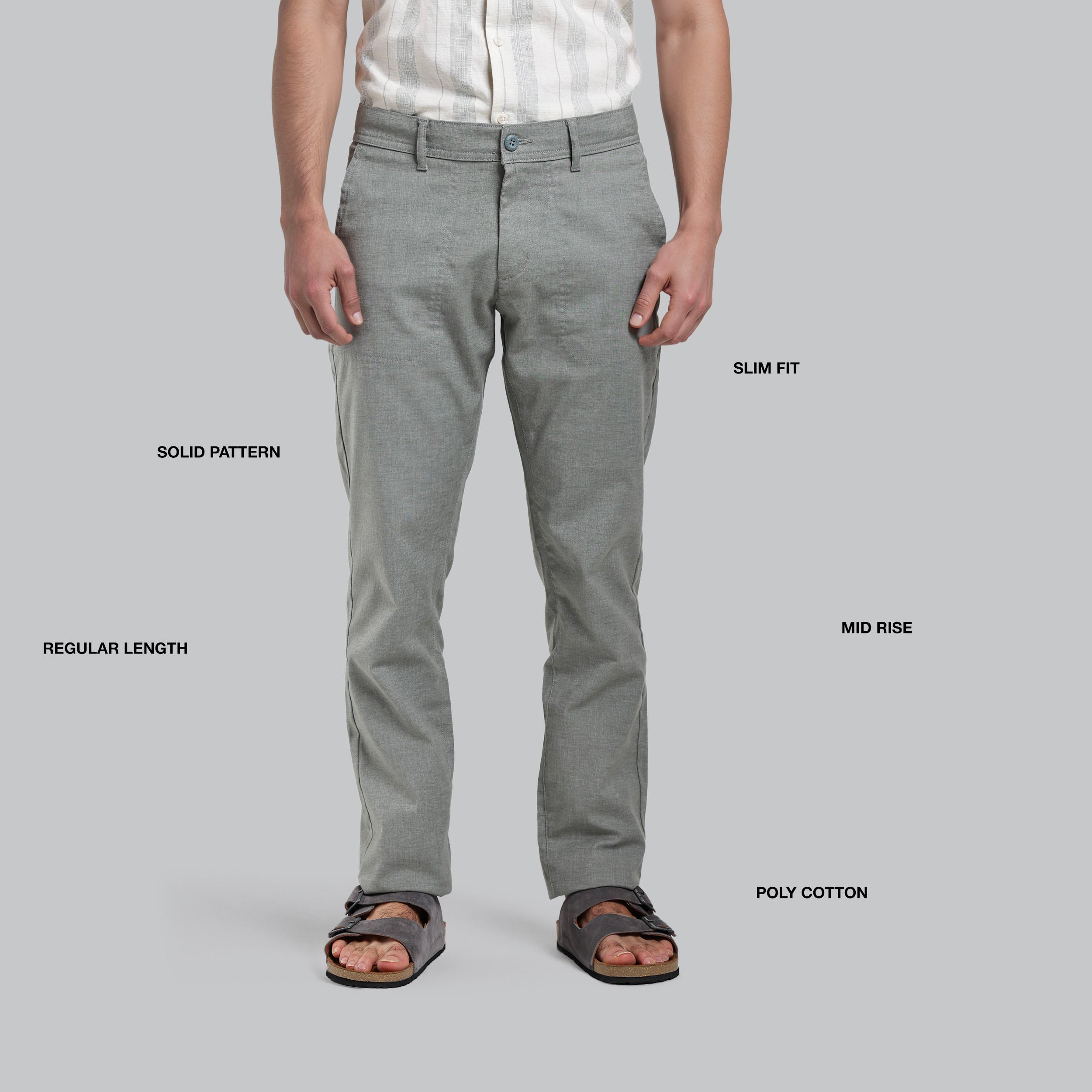 Gray pants displayed on a person with feature labels on a gray background