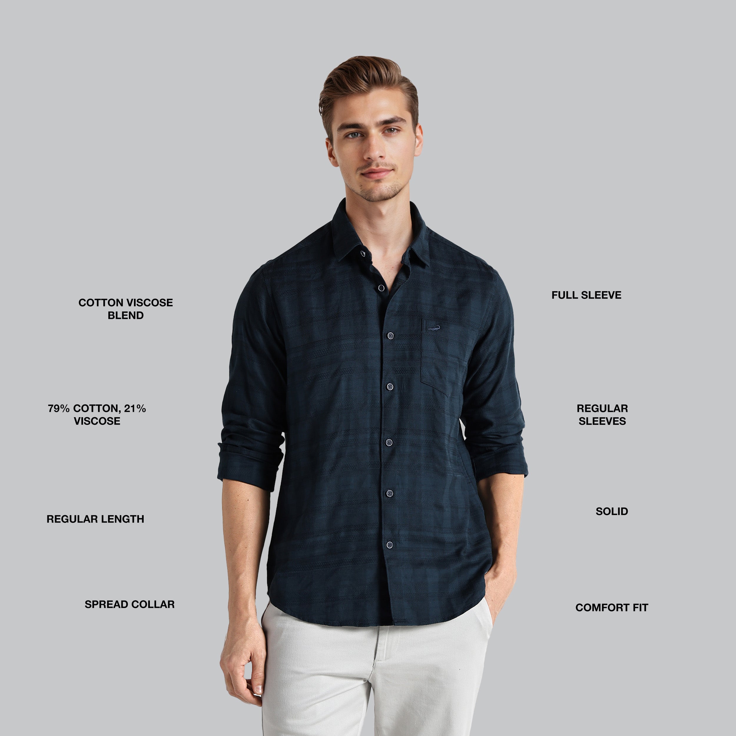 Man wearing a dark blue shirt with text detailing fabric blend, sleeve length, and other features on a gray background
