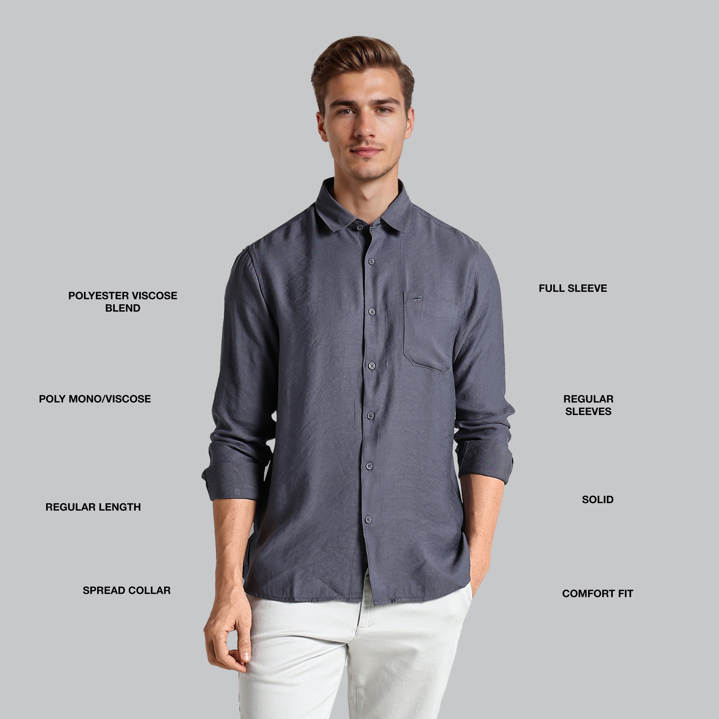 Man wearing a gray shirt with text labels on a gray background