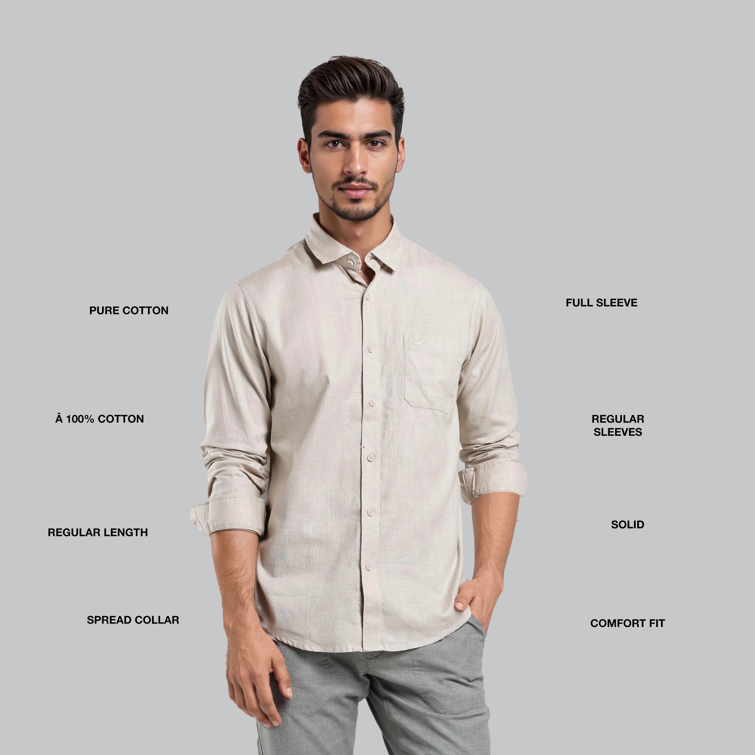 Man wearing a beige shirt with text describing its features on a gray background