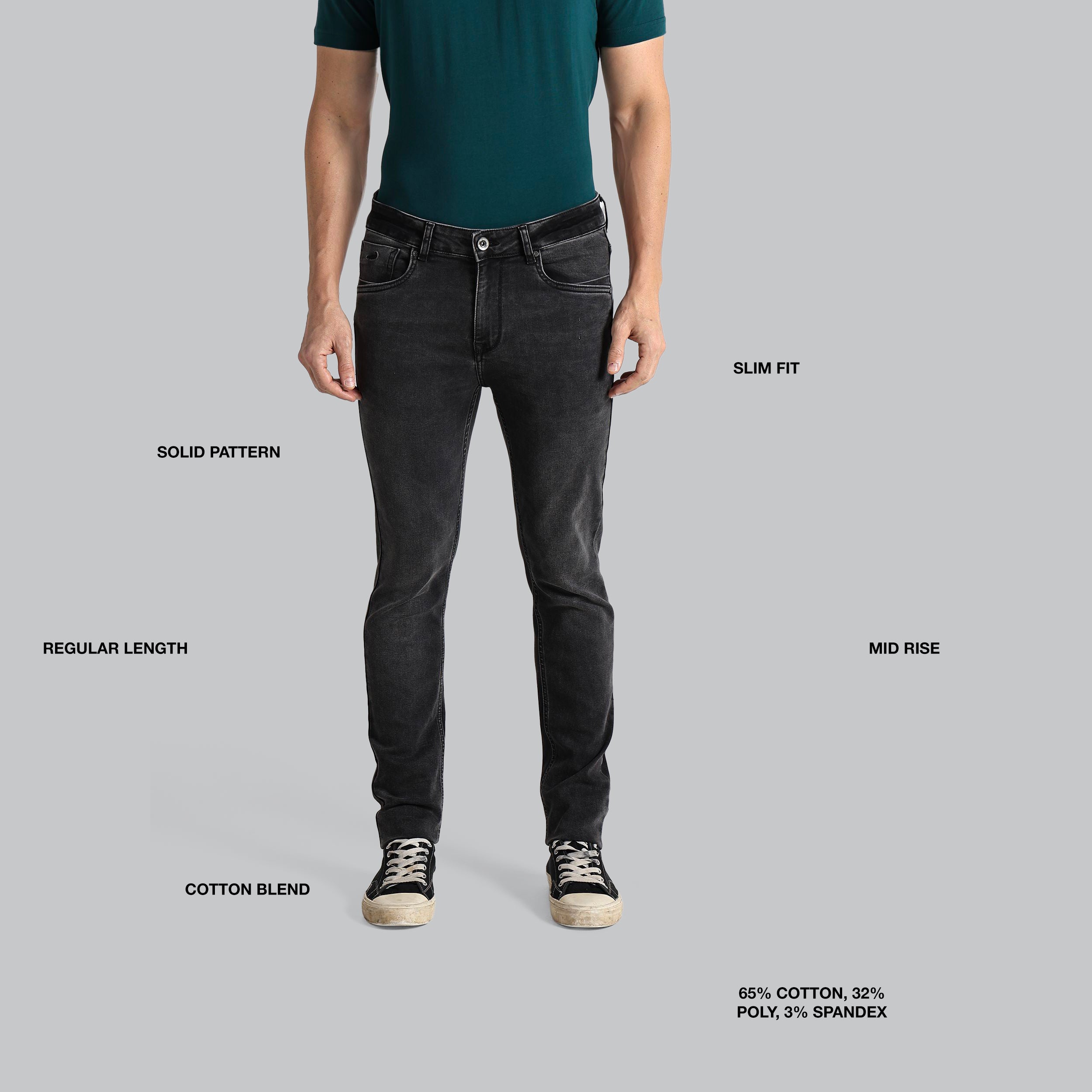 Person wearing black jeans with text labels on a gray background