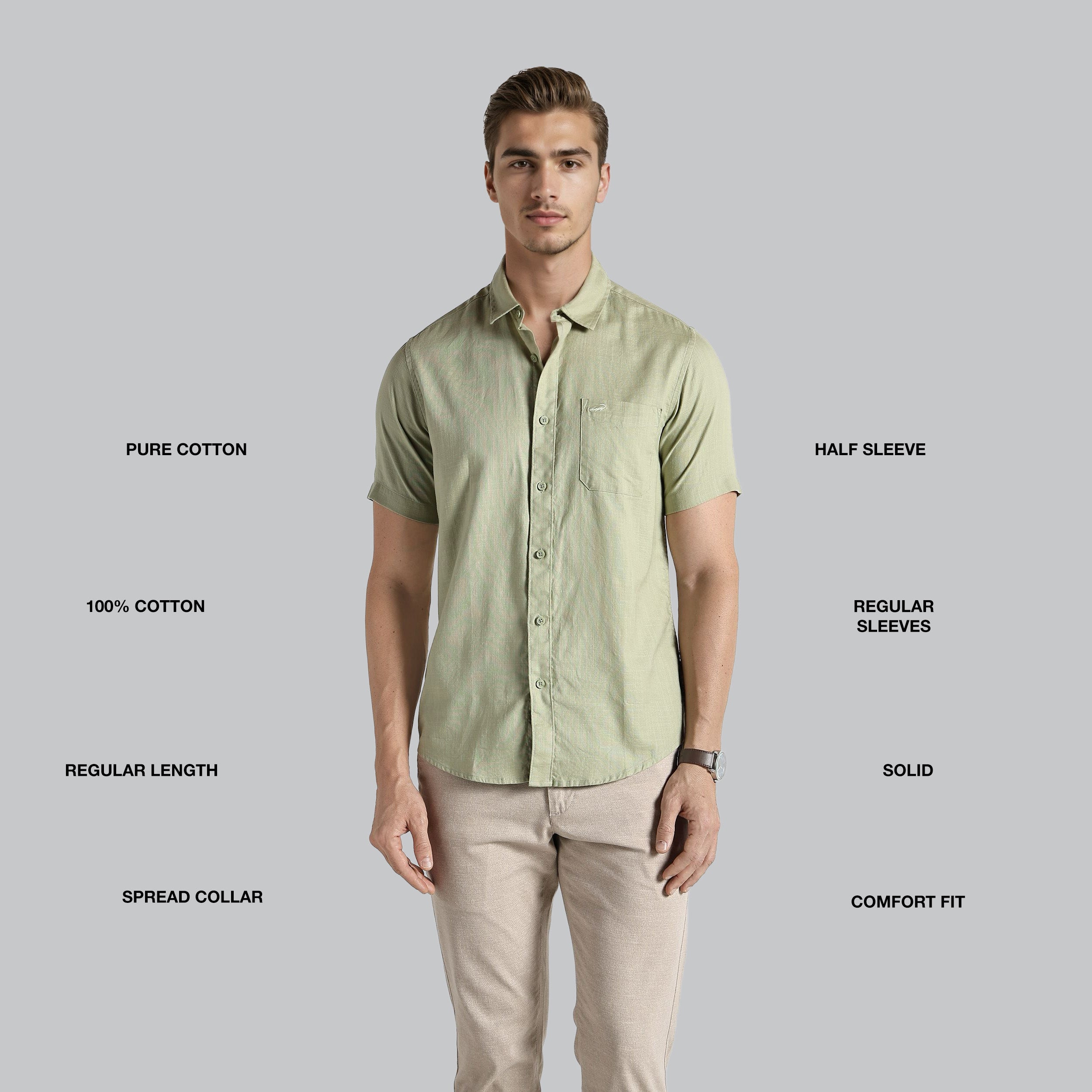 Man wearing a light green shirt with text describing features on a gray background