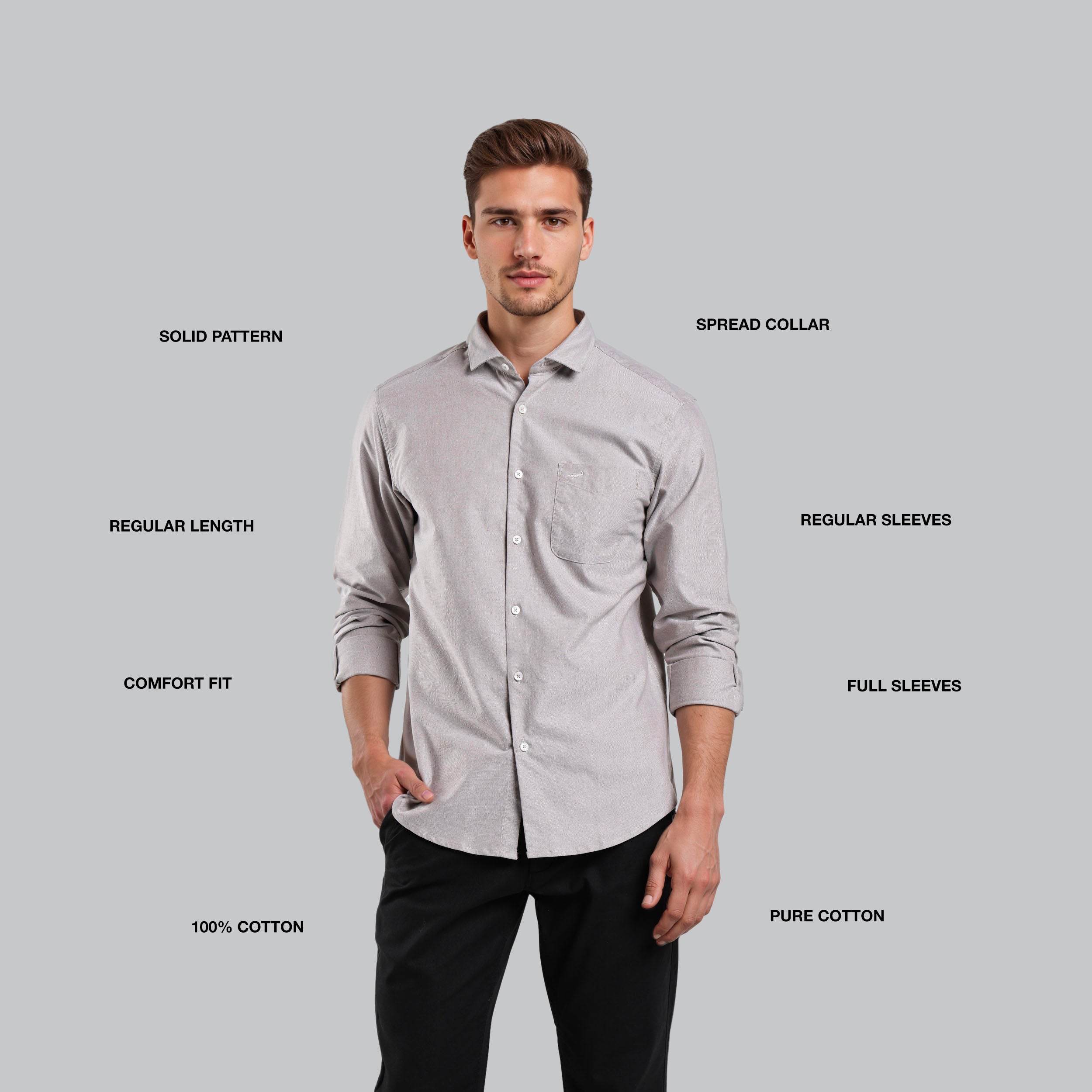 Man wearing a light gray shirt with text labels on a gray background