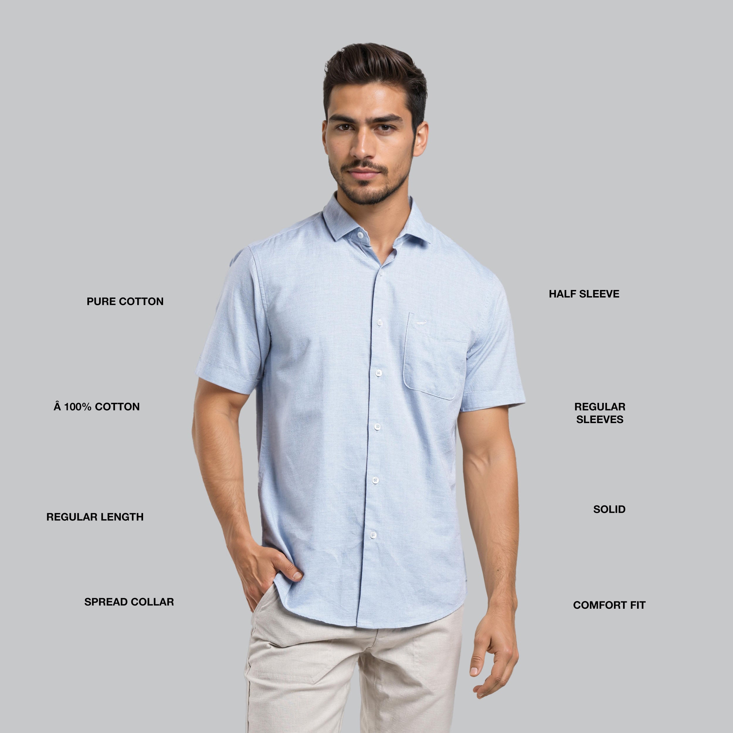 Man wearing a light blue short-sleeve shirt with text describing features on a gray background