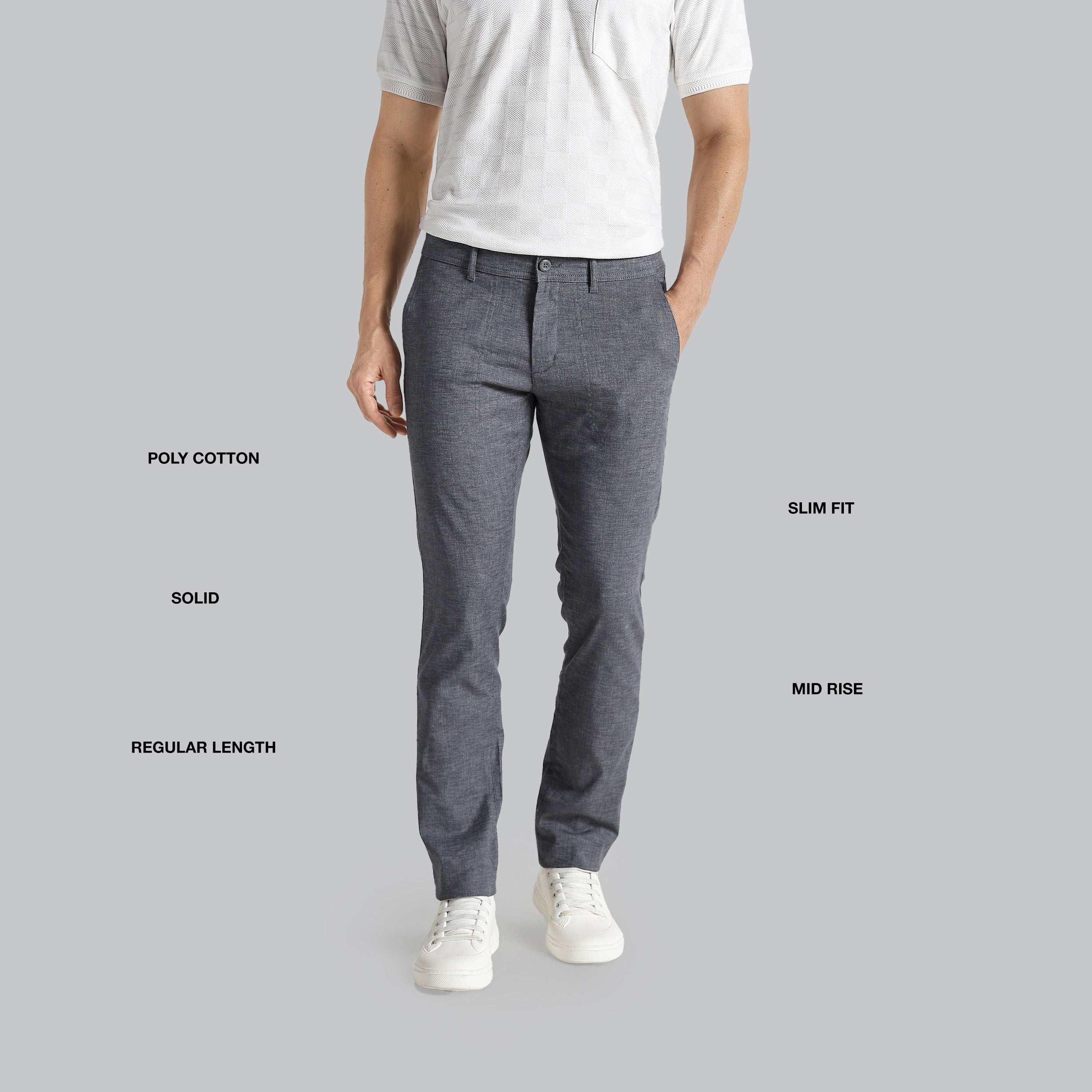Person wearing gray pants with text labels on a gray background