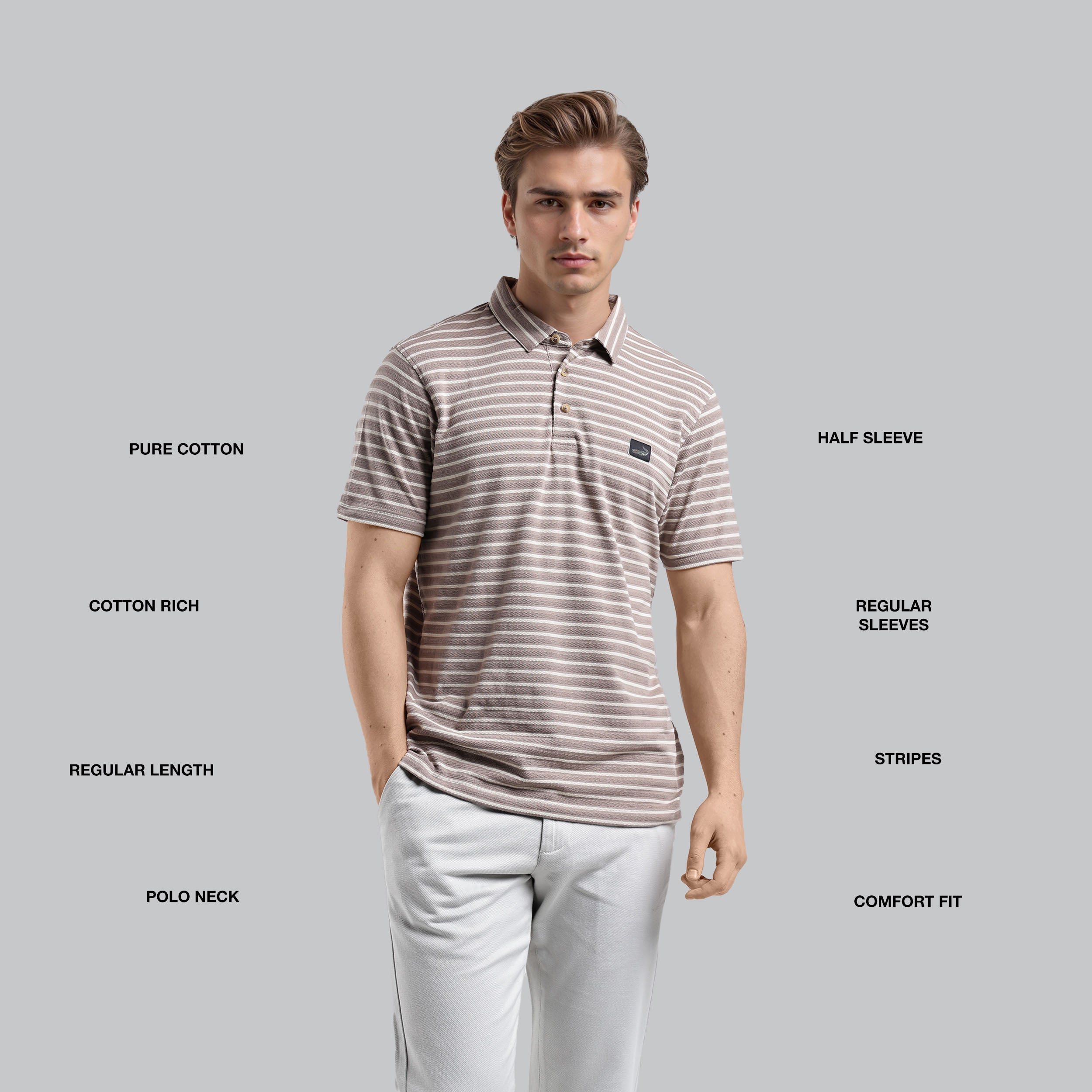 Man wearing a striped polo shirt with text describing features on a gray background