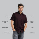 Man wearing a dark brown shirt with text describing fabric composition and style features on a gray background