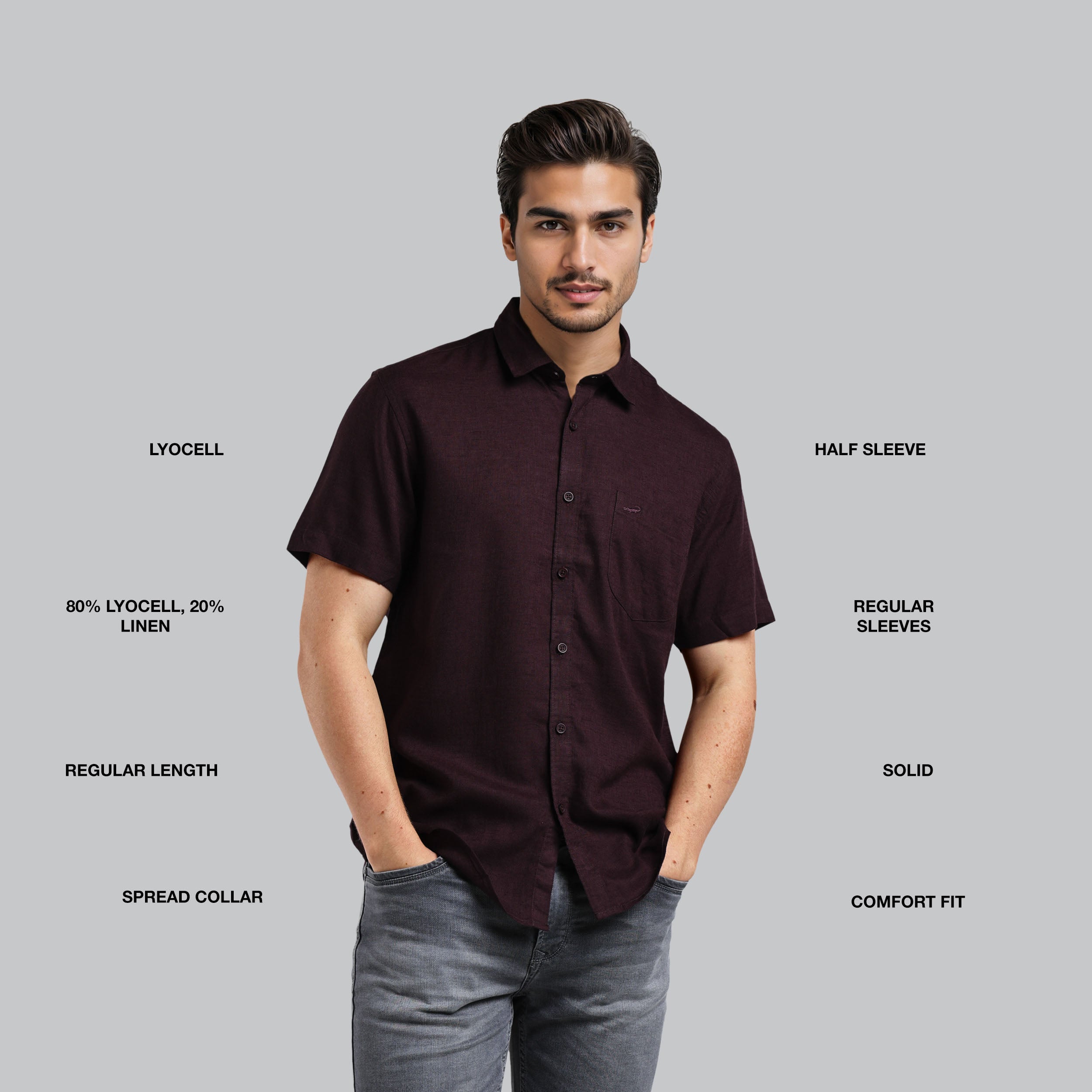 Man wearing a dark brown shirt with text describing fabric composition and style features on a gray background