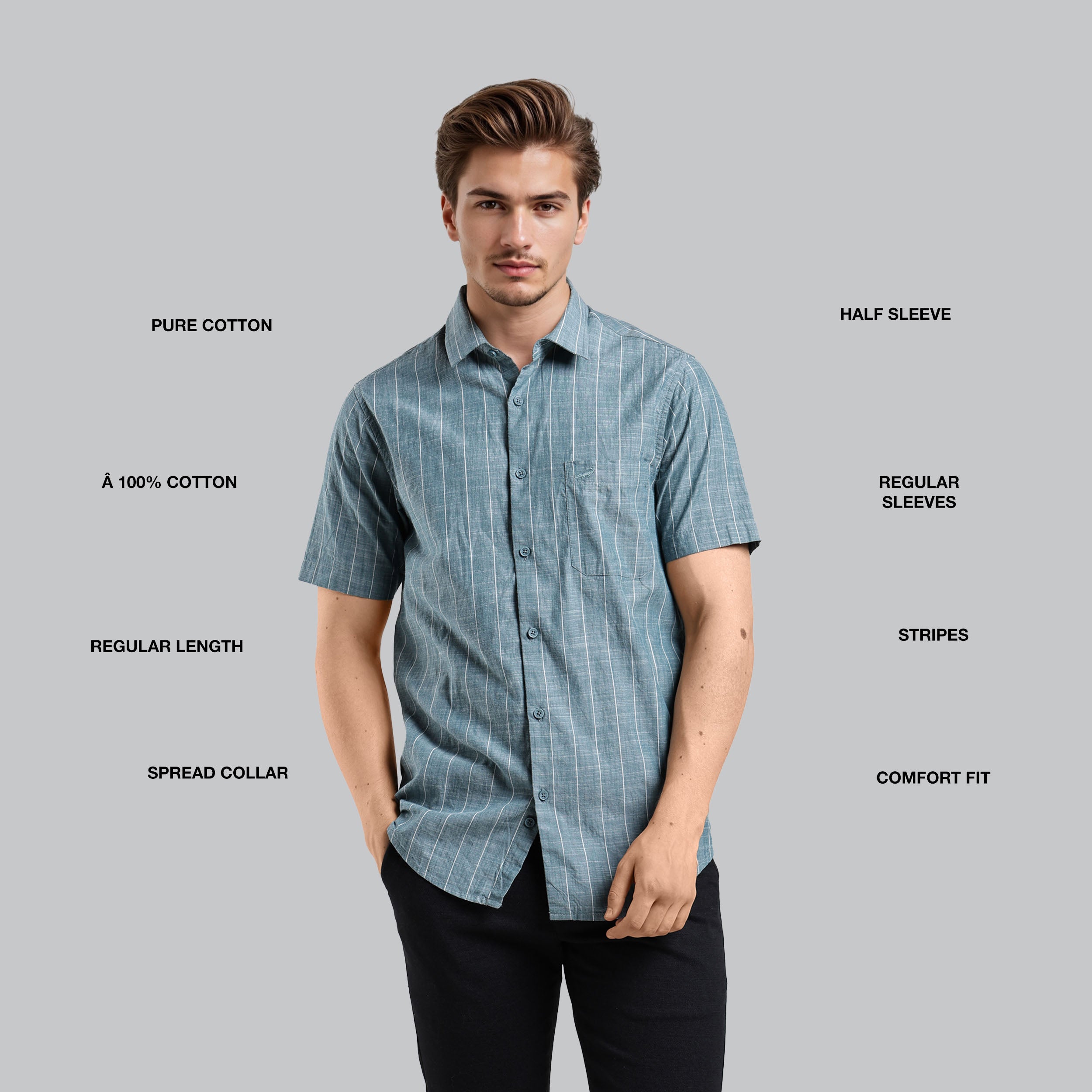 Man wearing a blue checkered shirt with text labels on a gray background