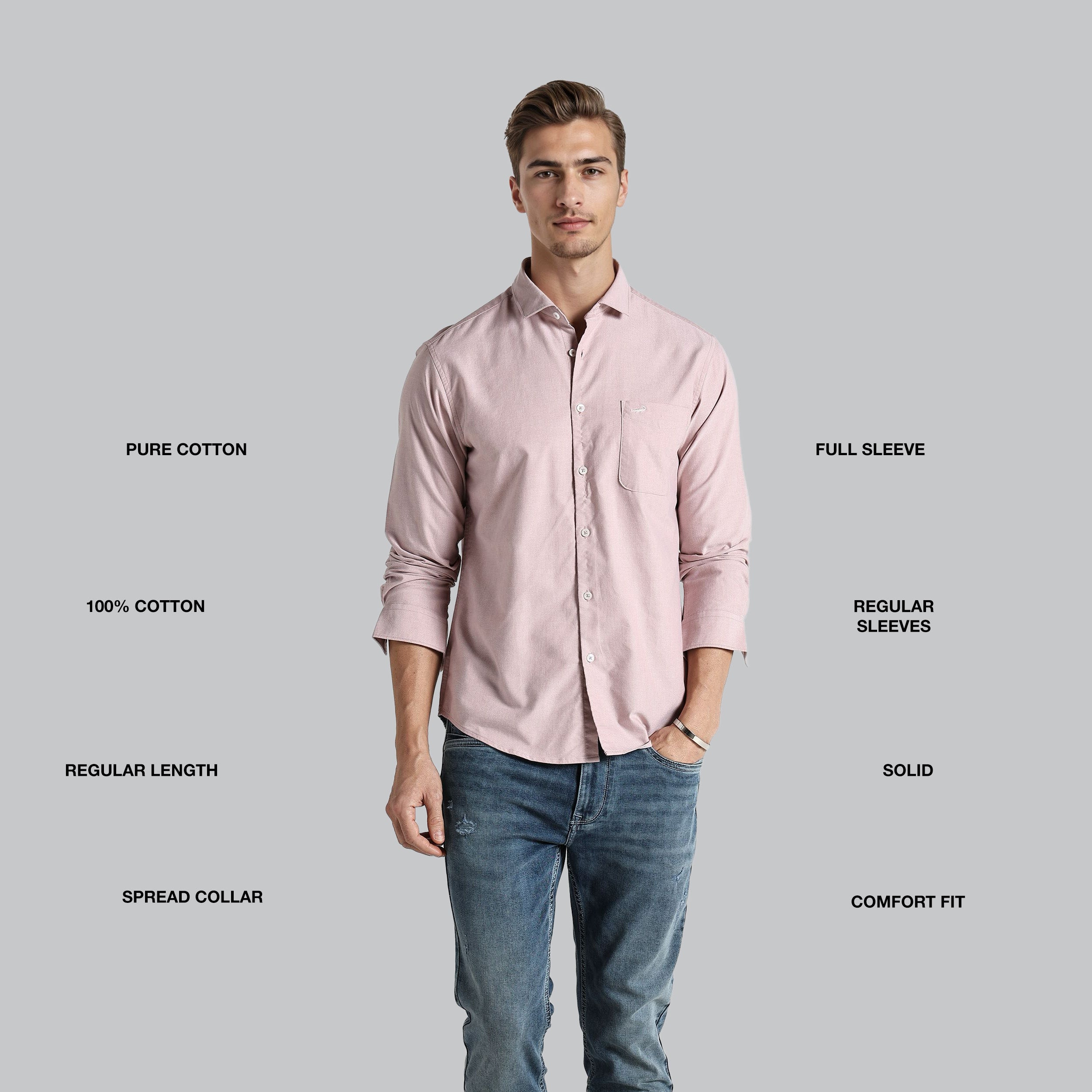 Man wearing a pink shirt and blue jeans with text describing shirt features on a gray background